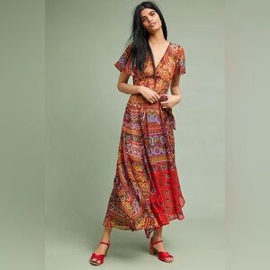 Anthropologie Red Paisley Boho Wrap Maxi Dress